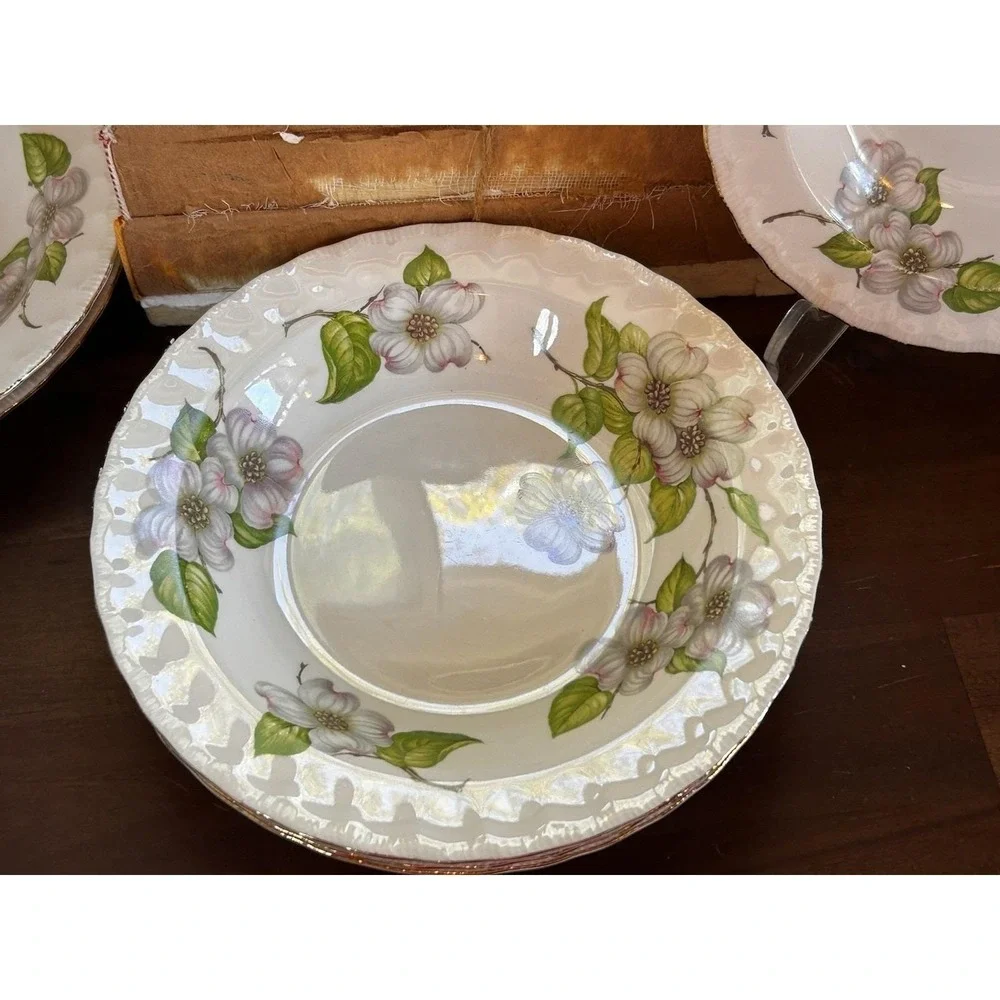 Vintage Pope Gosser Dogwood Serving Bowls Set of 6 Floral Scalloped Edge USA